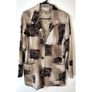 Bedford Fair Abstract Blazer Sz 12 Beige & Brown Button Long Sleeves Pockets